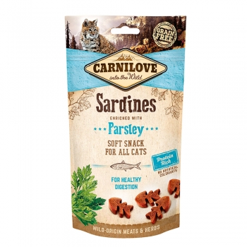 CARNILOVE Semi Moist Snack, Sardină cu Pătrunjel, recompense funcţionale fără cereale pisici, sensibilităţi digestive, 50g