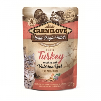 CARNILOVE, File Curcan cu Valeriană, plic hrană umedă fără cereale pisici, (în sos), 85g (plic) imagine 2022