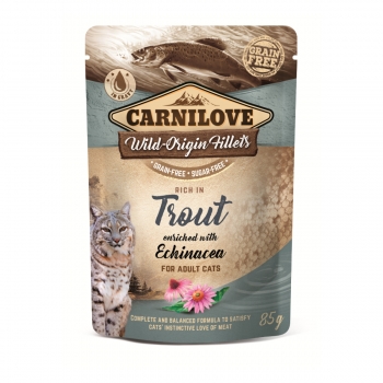 CARNILOVE, File Păstrăv cu Echinacea, plic hrană umedă fără cereale pisici, (în sos), 85g