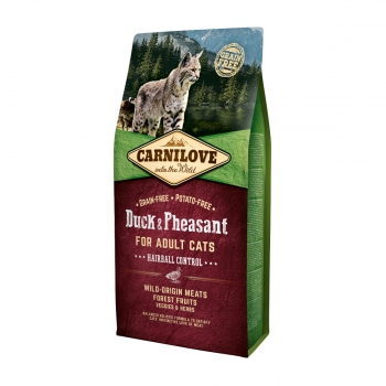 CARNILOVE Hairball Control, Rață și Fazan, hrană uscată fără cereale pisici, limitarea ghemurilor de blană, 6kg 6kg
