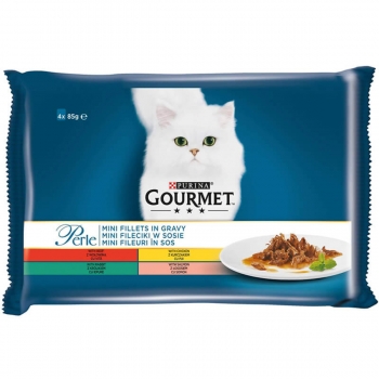 PURINA Gourmet Perle, 4 arome (Vițel, Pui, Iepure cu Legume, Miel cu Legume), pachet mixt, plic hrană umedă pisici, (în sos), 85g x 4 (în