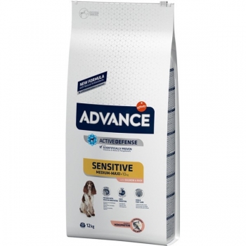 ADVANCE Sensitive Medium/Maxi, M-L, Somon și Orez, Hrană Uscată Câini, Sistem Digestiv, 12kg