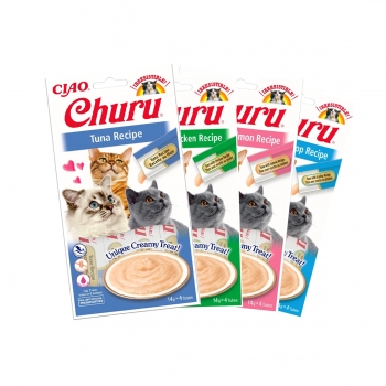 INABA CIAO Churu Piure, Ton, Test Pack recompense lichide fără cereale pisici, topping cremos, 14g x 16