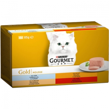 PURINA Gourmet Gold Mousse, 4 arome (Vită, Curcan, Ficat, Ton), pachet mixt, conservă hrană umedă pisici, (pate), 85g x 4 (pate) imagine 2022